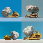 **a yellow bulldozer in profile carrying a large boulder, photorealistic, against a blue background** - <@809605622495445044> (fast)