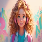 **a medium shot of a realistic illustrated happy 7-year-old Caucasian female student from America, they have a well-defined nose and a well-defined jawline, they have green eyes and curly blonde hair, they stand with their head and neck and shoulders completely square to the camera and facing forward, their entire body is facing forward, they wear a backpack, they have headphones on their head, they stand in front of a white wall with bright graffiti art spray painted on it, it is daytime, the sun is shining bright, high-definition, anime-style, --ar 16:9 --niji 6** - Image #1 <@1065025086664474674>