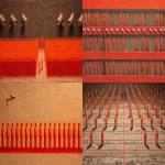 **The Panopticon, bad human storage facility, identical miniature orange figures in perfect rows, straight red line, surveillance, invisible prison, disguised CCTV cameras, impasto background, balanced composition, oil --ar 2:1 --raw** - <@744210433703018499> (relaxed)