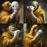 **A person who has a body that on one side looks like an elf and on the other side looks like an orc, covered in bandages. He's wearing a bright yellow cloak. And he's using magical soap to clean a white mask.** - <@878478340170866709> (fast)