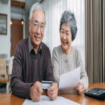 **elderly Korean man and woman holding a debit card and a benefit certificate, smiling at home, paperwork and calculator on the table, warm daylight, --ar 16:9** - Image #3 <@1331803127602614274>