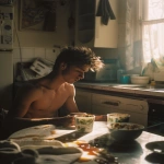 **cinematic still of a young man in a messy kitchen, early morning sunlight through window, spilled coffee on the table, broken ceramic mug, soft natural light, muted tones, warm haze, realistic skin with subtle pores and freckles, fine film grain, shallow depth of field, melancholy mood, realism not plastic, shot on Contax G2 45mm f/2, natural imperfection, everyday chaos aesthetic --v 6.0 --ar 3:4 --raw** - Image #3 <@1140324697154797598>