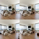 **ultra-realistic photograph of a coastal modern open floor plan living room in Manhattan Beach, California, warm oak wide plank hardwood floors, large black-framed windows with panoramic ocean and beach view, Restoration Hardware modern-inspired neutral palette, plush L-shaped sectional rotated so one side faces the ocean and the other faces a sleek TV above a limestone fireplace, layered grass cloth and Persian area rug, stone coffee table, leather lounge chair, wood rectangle couch table with lamp and fresh flowers and books on top, textured throw pillows, soft ambient natural daylight, sculptural chandelier, layered organic textures, styled for a luxury interior design Instagram post, straight-on wide-angle lens, full view of space including ocean view and TV wall, center fireplace, angle chair and ottoman towards tv, remove table next to chair, photorealistic details, depth, natural shadows --v 6.0 --raw --ar 13:10** - Zoom Out by <@1339375378858381312> (fast)