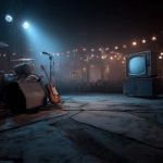 **Create a high-quality ultra-realistic photo background which is colour graded of a 1950s rock and roll concert. Have a large tv / screen on the right hand side near the edge of the picture which you can see the whole screen** - Image #1 <@1168106068602261574>