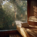 **rich, pronounced 35mm film grain, subtle frame edge softness, authentic Kodak Portra 160 film texture pushed one stop, airy tonal curve with lifted shadows, soft warm-neutral daylight with balanced whites, muted sage greens in foliage, pale creamy stone and light honey-toned timber, highlights with gentle halation bloom, gentle color shift in shadows for analog realism, ultra-luxury minimal aesthetic, shot on Hasselblad 500CM with 80mm Planar lens. Medium shot from inside the sauna, looking out through softly misted floor-to-ceiling glass at bright, softly blurred rainforest. Wooden bench in pale cedar runs along one side, neatly rolled linen towels stacked on top. The light is golden and even, filling the space with warmth and calm.** - Image #1 <@837237355722571776>