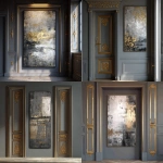 **Modern interior design, wall art with decorative paintings in the style of grunge, featuring silver and gold tones, a dark gray canvas, and a silver frame against a gray background. The painting is framed on two sides by a door with golden ornaments. There should be no other elements on it, allowing the design of the door to be the focal point. --ar 128:119** - <@1313000520759377972> (fast)