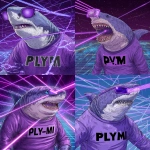 **a comedic hanna barbara style purple shark with a laser beam attached to his head, wearing a purple shirt with black letters "P.L.Y.M.I." aross the front of the shirt, there is an array of lasers in the distance background.** - <@1145989963998035978> (fast)