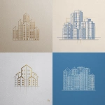 **minimalist one-color foil stamp illustration symbolizing property management, geometric buildings and apartments arranged in balanced composition, abstract sense of order, no people, calm and reliable atmosphere, architectural line art, elegant symmetry** - <@1141890881742458911> (relaxed)
