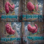 **A lively outdoor scene of a giant Thanksgiving Day parade balloon shaped like a detailed, anatomically accurate but friendly-looking human colon floating above a city street. The balloon is held by a large group of people in coordinated formation, dressed as various healthcare professionals doctors, nurses, surgeons, and lab technicians all smiling and guiding the balloon with ropes. A storm is brewing overhead, dark swirling clouds, high winds tugging at the balloon, dramatic lighting, rain beginning to fall, yet the parade continues with determination. Realistic lighting, crowd in the background, photojournalistic style, ultra-realistic photography, taken from a low angle showing the massive scale of the colon balloon, dynamic perspective, colorful parade uniforms, depth of field, crisp details --ar 16:9** - Variations (Strong) by <@1138484847065698314> (fast)