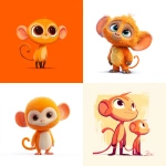 **cute orange cartoon monkey character with no fur, large rounded head that merges into the torso, short stubby legs, left ear very large and elongated, right ear small and rounded, left eye smaller than right eye, Disney-style design with clear body proportions for clothing, expressive and magical look, bright colors, standing pose, clean background style cute** - <@1233005194753609839> (fast)