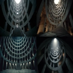 **dvd screengrab of the interior of a very tall, circular tower in an abandoned city, with numerous rows and columns, and concrete stairs leading to it. the tower was designed by tadao ando for the film blade runner 2049, directed by denis villeneuve. the scene was shot on a canon eos-5d mark iii camera using a macro lens, featuring cinematic, moody lighting, and showcasing photorealistic, hyper-realistic, award-winning cinematography, in the style of ridley scott. --ar 72:35** - <@554549579131912202> (fast)