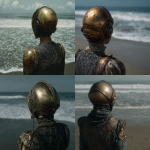 **a cinematic still of a woman with a golden helmet and dark patterned stands on the beach, her back to the viewer. the ocean is in front of her. it's daytime. in the style of david fincher, shot with an anamorphic, wide-angle lens. --ar 29:27 --v 7.0 --p 7t8d38w** - <@995751013732581408> (relaxed, stealth)
-# Create, explore, and organize on [midjourney.com](<https://midjourney.com/imagine?from_discord=1>)
