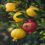 **Ultra realistic DSLR close-up photograph of a lemon tree branch with glossy elongated green leaves and whole bright yellow lemons, growing closely beside a pomegranate tree branch with dark green narrow leaves and several whole round red pomegranates with crown-like calyx tips, both fruits naturally overlapping in the same frame as if the trees grew side by side, natural outdoor lighting, soft golden hour sunlight, organic fruit textures with natural imperfections, hyper-detailed, 8k --ar 2:3 --v 6.0 --raw** - Image #4 <@1068890344428675213>