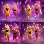 **A happy anthropomorphized rounded-triangular, yellow demon character high-fiving a happy anthropomorphized anatomical heart character, side view facing each other perspective jumping in the air, Pixar-Inside Out 3D animation style, festive sparkling purple background --ar 16:9 --s 250 --v 7.0** - <@1088093143066488912> (fast)