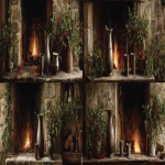 **Closup of a stone hearth from a 1760s colonial American home. There's a fire burning and green boughs with red berries are hung across the mantle. There is a pitcher of hot cider with 2 pewter mugs on the hearth. In the oil painting style of John Trumbull. --ar 11:3** - Variations (Strong) by <@1185631049716338699> (fast)