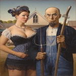 **<https://s.mj.run/AWAnPn8tRcg> twilight, an oil depicting a beautiful full figured woman in a provocative short dress and apron and an athletic man in blue overalls holding a pitchfork, odd poses, provocative silk black lace fashion, with an american farmhouse in the background. --ar 3:4 --chaos 4 --iw 0.5 --v 7.0** - Image #3 <@988364629556199494>