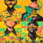 **magazine cover of "PIZZAZZ" featuring an analog shot of minimal male model in handsome black and neon yellow sumi-e decoupage pattern of melting cheese pizza ingredients fashion design on a yohji yamamoto kimono, by fernando botero, minimal figure, film grain "pizz off" 2025-03-11 --ar 4:5 --sref 3512033204 --stylize 1000 --niji 6** - <@1121310536559243315> (fast)