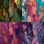 **An illustration with intense tones of a nymph in 3/4 view holding a butterfly in her hand and wearing a lily in her hair, in colorfull and anime style. --ar 16:9 --v 7.0** - <@1068240844349509652> (fast)