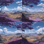 **bitcrushed scifi landscape, wisteria in the middle of the scene. Purplish hue over the sky, vast mountain ranges in the far off background, open plains leading to the mountains dominate our view** - Variations (Strong) by <@699845443814948866> (fast)