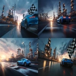 **A blue sports car in motion pulling into an oil refinery with the refinery easily visible. there is a large checkered finish line flag waving on the side. make it epic blue lighting. epic sky at dusk. dark gradients cinematic --ar 3:2 --v 7.0** - <@1264975901624631358> (fast)