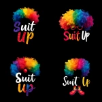 **a logo of a rainbow clown wig and clown shoes saying "Suit Up" on a black background --s 50** - Variations (Strong) by <@441294708036206603> (fast)