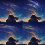 **a woman's head from behind in the dark looking up at the sky. The sky is beautiful and filled with stars and streaking details of color. --niji 6 --ar 2:3** - Pan Up by <@656961830371196938> (fast)