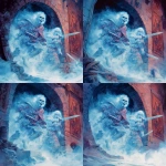 **In a dungeons and dragons and Frank Franzetta art style, two translucent ghosts, one male ghost and one female ghost, both hold a sword and wear a bow, they both look scared, the walls behind them are covered in old worn tapestries and they are inside an old round tower, it's dark --v 7.0** - Variations (Region) by <@478047972412620803> (fast)