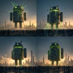 **<https://s.mj.run/rWcFtaYzAZ8> The Android Robot made of mobile phones is collapsing, crowd of people looking up at it, green malware bugs trying to get inside it, green lasers trying to pull robot down, cityscape, photorealistic, magic hour, dramatic lighting** - Variations (Strong) by <@1048326817838280714> (fast, stealth)
