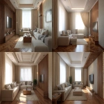 **Modern Arabic-style living room, same layout and ceiling design as reference, warm medium brown wood parquet flooring with natural grain, beige textured wallpaper, single sheer beige linen curtain allowing sunlight to softly enter from one window, elegant separated sofas in neutral tones (light beige or pale grey), not American style, 20cm white foam baseboard, original wood TV wall and vertical wood partition unchanged, cozy natural daylight, professional wide-angle interior photography, no heavy curtains, no duplicate windows --v 7.0 --ar 16:9 --quality 2 --raw** - <@1346417210607931394> (fast)
-# Create, explore, and organize on [midjourney.com](<https://midjourney.com/imagine?from_discord=1>)