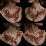 **chest tattoo on a women, tattoo of a phoenix bird made of leaves and feathers, leaves and feathers are fall colors** - Variations (Strong) by <@966519024106217482> (fast)
