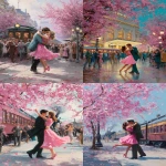 **a beautiful young woman in a pink dress and her handsome boyfriend dancing on the train station platform, with cherry blossoms blooming all over town, in the style of thomas kinkade. a vibrant oil painting, ultra-detailed and of the highest quality. --ar 3:4** - <@1220684338807439425> (fast)