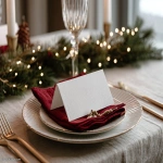 **<https://s.mj.run/CetuniwHn6M> A white mockup invitation card. Elegant festive christmas background, warm light, fairy light bokeh, linen tablecloth, elegant and natural holiday aesthetic. red napkins. Red, deep green, beige color palette. Elegant Christmas --ar 4:3 --v 7.0** - Image #1 <@1038768977310121984>