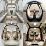 **interior view of futuristic compact electric capsule scooter, designed for one seated passenger, short and upright body, smooth glass canopy all around, central interactive dashboard with map, music and assistant UI, padded minimalist seat, ambient lighting, beige and white tones, solar panel on top seen from inside --ar 16:9 --v 6.0 --raw** - <@361336964084924446> (fast)