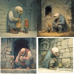 **a wrinkled, very old and grotesquely ugly man with a large child-like head, lives in a ruin and guards a treasure, simple, muted colors, reinhardt michl, --v 7.0** - <@572882080099467274> (fast)