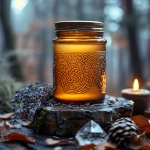 **A 2 oz amber glass salve jar glowing with warm golden balm inside, resting on an altar of autumn leaves, oak branches, dried mugwort, and carved Celtic knot patterns etched in stone. A smoky quartz crystal glows faintly beside the jar. Mist rises in the background with a dim Celtic firelight flicker. Hyper-realistic, moody photography, no text. --v 6.0 --s 750** - Image #3 <@1090630909448949831>