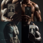 **minimalist tarot card for "The Moon", focus on a muscular male arm partially in shadow, showing a large high-contrast tattoo design: full moon in the center, two wolf silhouettes facing each other on each side, clean bold lines, silver and black ink with subtle yellow glow in the eyes of the wolves, dark gradient background, mystical atmosphere, sharp focus on the tattoo, cinematic lighting, simple composition, mobile game icon style** - <@696891766850322503> (fast)