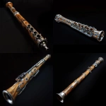 **natural wood didgeridoo-trumpet hybrid instrument, many small steel trumpet valves, protruding metal trumpet valves, dark background, high-tech cyber didgeridoo trumpet, futuristic design, cyber aboriginal artwork, sidelit, silver didgeridoo --v 6.0** - <@994500001264840706> (fast)