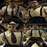 **realistic graphic novel illustration, prohibition era, front-facing cinematic shot, Al Capone standing and walking toward the camera, white shirt with dark suspenders, sleeves rolled up, round face with a visible scar on the cheek, cold confident expression, menacing calm posture, holding electrified clamps in both hands, electricity subtly sparking, violence implied, arms extended as if threatening the viewer, dark industrial interrogation room, film noir lighting, harsh shadows, frontal tension, warm dark color palette, dirty whites, tobacco browns, deep blacks, adult realistic archer-inspired graphic novel style, tragic and unsettling tone, grainy film texture, cinematic stillness, --ar 9:16 --v 6.0 --sref <https://s.mj.run/Zdn2IhGsQkM> --raw** - <@722459746162049074> (fast)
-# Create, explore, and organize on [midjourney.com](<https://midjourney.com/imagine?from_discord=1>)