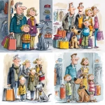 **een cartoon/illustratie van een famillie die is gaan shoppen in een kleding winkel ze hebben allemaal een cadeautje vast, ze lachen en ze zijn gelukkig, er is ook een hond bij de hond heeft een grote kluis in zijn mond, in felle kleuren moderne uitstraling** - <@1050084895646568540> (relaxed)