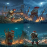 **At night, under a glowing moon, a man in a light brown medieval tunic, light blue leggings, and red boots, wearing a red cap, is sneaking away while looking over his shoulder with a suspicious and alert expression. He clutches five thick golden swords in his arms as if stealing them, while two more golden swords are standing upright behind him in the ground. The background shows a medieval fantasy camp with tents and softly glowing lanterns, casting flickering shadows. The air is filled with a light magical fog, and the scene is illuminated by mystical moonlight and warm firelight. Cinematic lighting, ultra-realistic textures, rich fantasy atmosphere, as if a frame from a high-budget fantasy movie in a theater. No text, no tarot card elements, just a full immersive cinematic fantasy scene --ar 7:12 --v 7.0 --quality 2 --raw** - <@1082409841915601038> (relaxed)