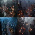 **Aerial view of a small English wizarding village, Godric’s Hollow, seen from afar at night in 1981. The wind blows through leafless trees, moving the mist slowly over the hills. Below, the village streets are made of wet cobblestone, reflecting the warm, flickering lights from the windows. Carved pumpkins with crooked smiles sit by the doors, paper spiders and bats hang from shop windows. The mood is calm, nostalgic, and magical, with soft Halloween decorations. Cinematic illustrated style inspired by Vladislav Pantic, painterly textures, warm lighting, subtle glow, detailed composition, mahogany tones and atmosphere. --ar 16:9 --v 6.0 --chaos 10 --raw** - <@862433554301976588> (fast)