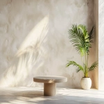 **The purpose of the image is to document furniture form only, not decoration. Studio-style interior photo for furniture catalog use. A single empty plant stand or pedestal centered in the frame. The pedestal is completely empty. No items on top. No plants. No decor. No accessories. No objects of any kind on the stand or surrounding surfaces. Minimal boho interior design. Light neutral palette (off-white, soft beige, pale wood). Simple plaster wall background. Clean floor or tabletop surface with nothing placed on it. Bright diffused studio lighting, flat, even illumination, no directional light, no visible shadows, low contrast. Symmetrical composition, centered framing, large negative space, product documentation photography style, furniture design catalog aesthetic, DSLR quality, 50mm lens. --ar 4:3 --v 6.0 --chaos 0.5 --raw** - Image #2 <@1090435486935433258>