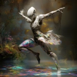 **<https://s.mj.run/kPsGh_-KWJ0> <https://s.mj.run/-qquprwLscw> futuristic android manneqin dancing, white latex armor, leviathan landscape lithograph imagery, enigma, double exposure, dark backgrpund, holographic ink prismatic pastoral pointillism, ar 5:7 --profile s4f9d7g --v 6.1** - Image #3 <@1071135204846096475>