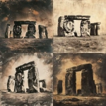 **an huge, divine megalithic stone structure positioned in an exact circle, like Stonehenge, reaching toward the sky, divine light, monochrome, burnt sienna, damaged Anthotype print, scratched, dynamic movement --ar 3:4 --v 6.0 --s 250** - <@1089203343378878556> (fast)