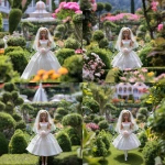**a 1980’s Barbie doll standing in a wedding gown. The dress is a-line. The veil is simple and short. In the background is a beautiful manicured garden. Ultra realistic, highly detailed, photorealistic. HD --v 7.0** - Zoom Out by <@1327691479602298971> (fast, stealth)