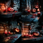 **<https://s.mj.run/C4JWowKI4Hk> A realistic photograph featuring a close-up of a dark wooden table surface in the foreground, scattered with melted red candles, dried twigs, and bits of straw. In the background and surrounding areas, moody Halloween-themed decorations such as carved pumpkins with glowing faces, spider webs on brick walls, and dim, flickering lights. The atmosphere is eerie and shadowy, with warm candlelight casting soft glows on nearby textures. A touch of mystery and autumn ambiance fills the scene. --s 550 --v 6.1 --c 10** - <@437658373576720385> (fast)