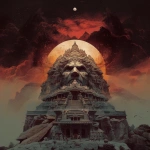 **design a heavy metal album cover for me using imagery from a place called Kharagpur, India. i want to show a building, but apocalyptic colors abound and skies bleed. i want a mascot like Dio’s album covers or Vic Rattlehead/Eddie built into the cover. make it mature but also ensure it is epic.** - Image #1 <@769769101689749504>