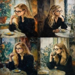 **<https://s.mj.run/t_WklGqxWAo> painting of an elegant woman with glasses and long blonde hair sitting at a table, drinking coffee in her apartment. she is wearing black . the atmosphere inside has a cozy feel. in front of her, there is a plate on which she is eating soup. through a window, you can see flowers blooming outside. oil painting in the style of paul cézanne. oil portrait, impressionist style, with brush strokes and palette knife technique. --ar 4:5 --iw 0.6 --raw --chaos 3 --v 7.0** - <@988364629556199494> (fast)