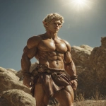 **Realistic 3d rendering. Full body portrait of ruggedly handsome, Hyper muscular handsome elf, bright silver eyes, short curly blonde hair, short pointed ears, defined muscles, pronounced features, hyper muscular, wide Grecian nose, strong square jaw, defined cheek bones, masculine features, freckles. Bodybuilder. wearing a tight short leather skirt. His oiled skin glistens under intense studio lighting. A strong camera flash highlights the shine on his muscles, creating bright reflections on his body, arms, and thighs. Retro fitness photography style, slightly exaggerated lighting contrast, 90s magazine aesthetic, center-framed, studio portrait shot. Standing and posing in a sunny rocky field. --ar 5:6 --v 7.0** - Image #2 <@1222981214734913607>