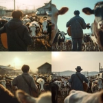 **back view of a man singing and playing acoustic guitar at a dairy farm in Daegwallyeong, cows gathered in front of him watching, the man wearing casual modern Korean clothing, warm afternoon sunlight, realistic style, peaceful rural atmosphere, shot on iPhone video, wide-angle lens perspective, no blur, everything in focus, low bitrate look, slight codec compression noise, cinematic composition, smartphone quality not DSLR** - <@594852042581999617> (fast)